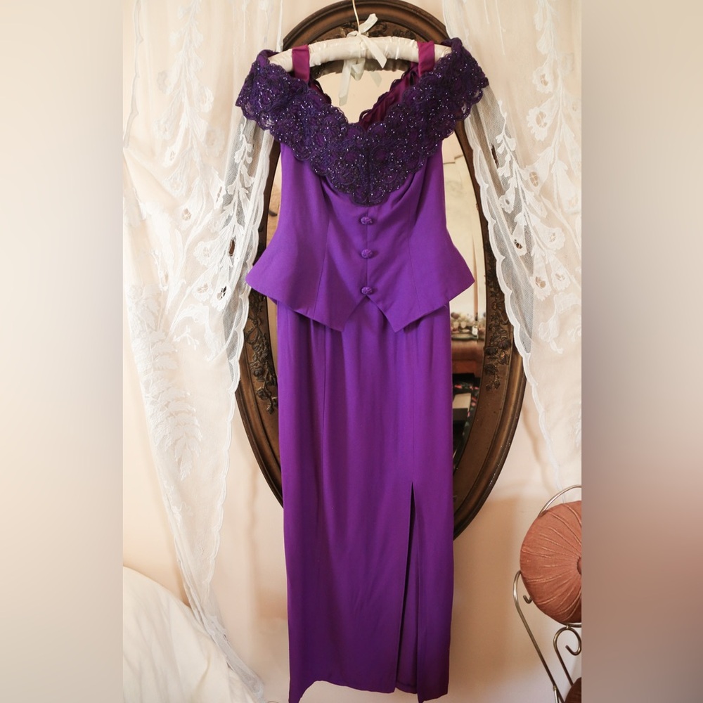Vintage 80s Purple Sparkle Lace Peplum Dress